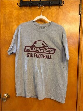 Gildan Grey Tee with Maroon Auggies 612 Football Logo Augsburg University